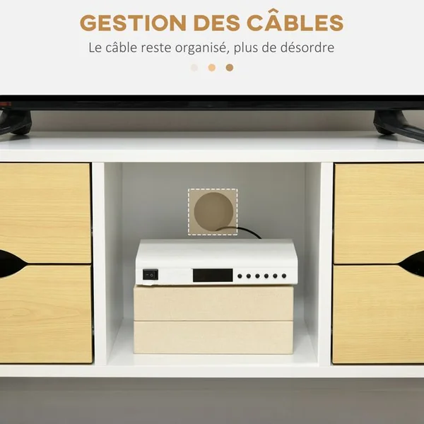 HOMCOM Meuble TV Style Scandinave 4 Tiroirs Niche Bois Pin Blanc Aspect Bois Clair