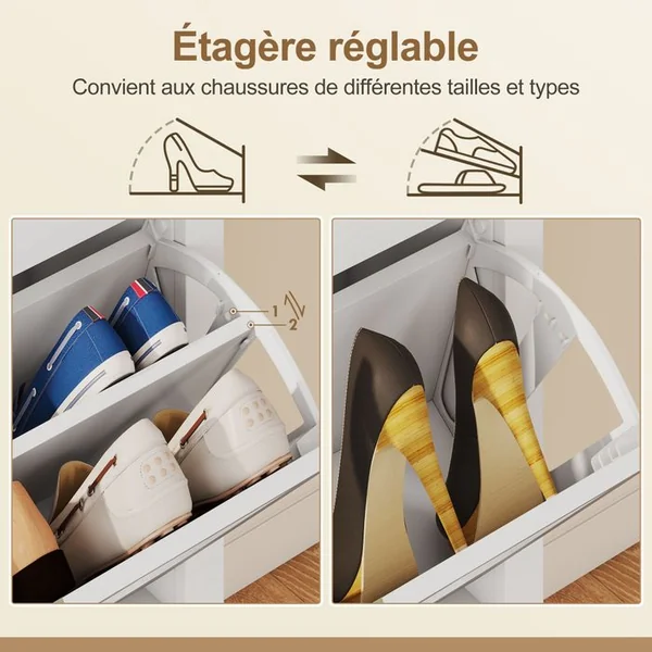 HOMCOM Meuble à Chaussures Style Bohème Chic 2 Portes Rotin Effet Bois Clair Blanc