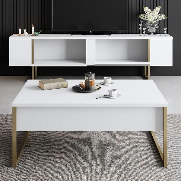 HOMIFAB Meuble TV 2 Portes Blanc, Piètement Doré 180 Cm - Celia