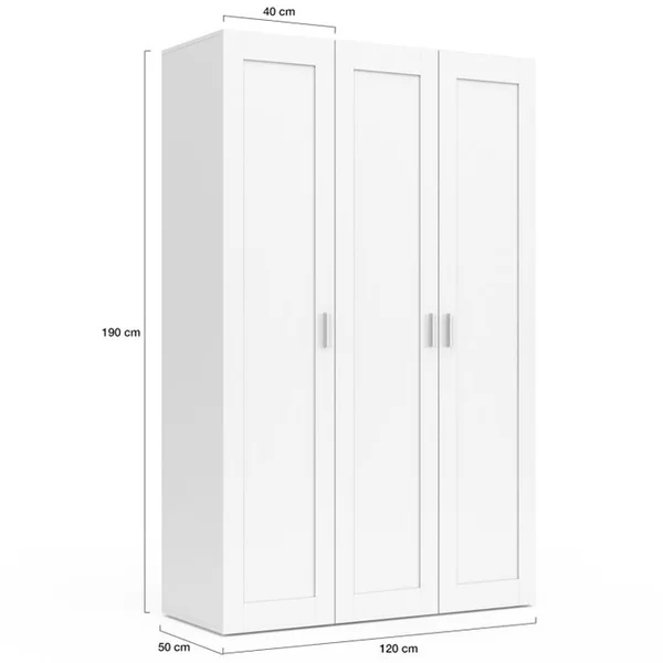 ID MARKET Armoire 3 Portes Vito Blanc Penderie 120 Cm Avec étagères