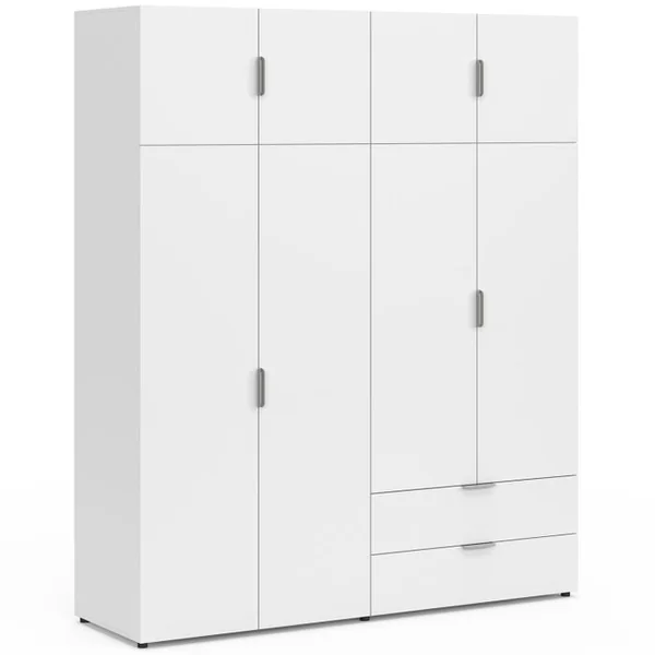 ID MARKET Armoire 4 Portes Mina Blanc Penderie 160 Cm Avec 2 Rangements Hauts Et 2 Tiroirs