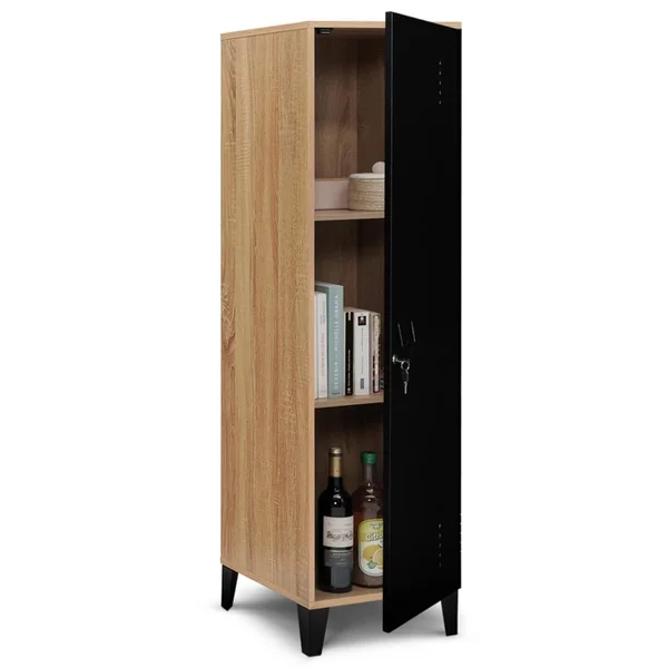 ID MARKET Armoire Vestiaire Ester 1 Porte Métal Noir Et Contour Bois Design Industriel