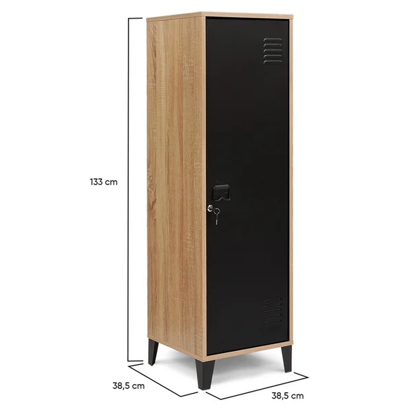ID MARKET Armoire Vestiaire Ester 1 Porte Métal Noir Et Contour Bois Design Industriel