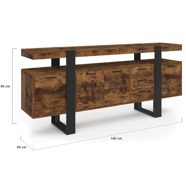 ID MARKET Buffet 180 Cm Phoenix XXL 4 Portes Avec 3 Tiroirs Bois Effet Vieilli Et Noir