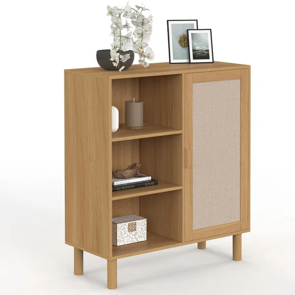 ID MARKET Buffet 3 Étagères Et Placard 70 Cm Robin Bois Et Effet Lin