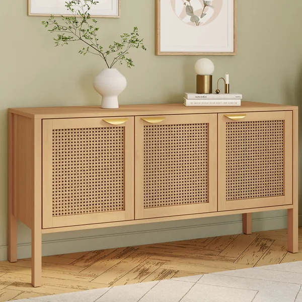 ID MARKET Buffet Bas 110 Cm Edhen 3 Portes Bois Et Cannage