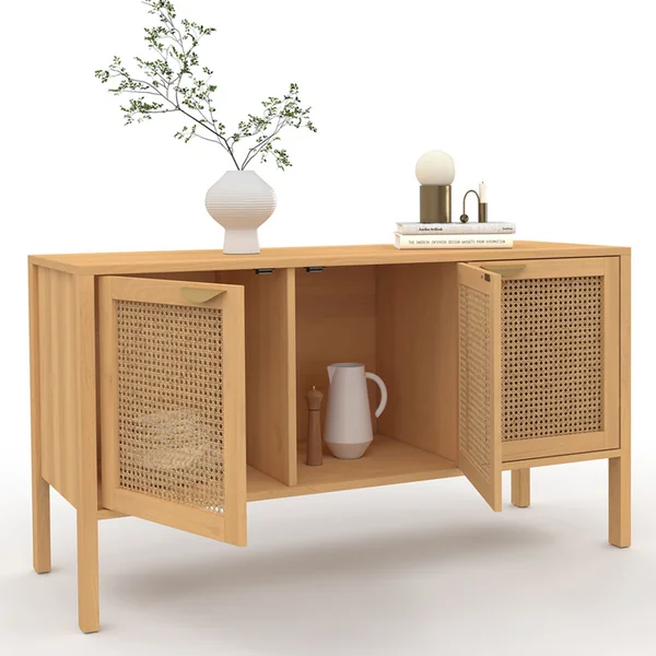 ID MARKET Buffet Bas 110 Cm Edhen 3 Portes Bois Et Cannage