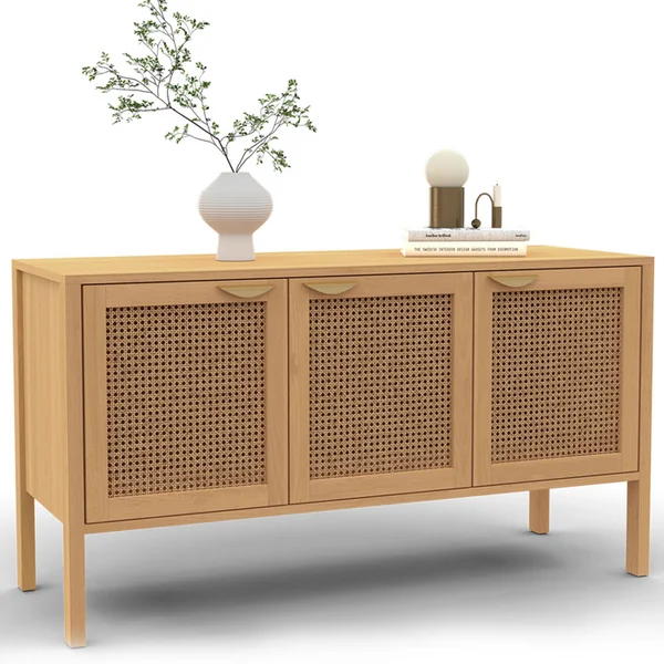 ID MARKET Buffet Bas 110 Cm Edhen 3 Portes Bois Et Cannage