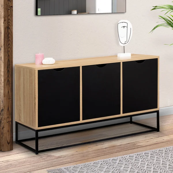 ID MARKET Buffet Bas 113 Cm Boston 3 Portes Noires Design Industriel