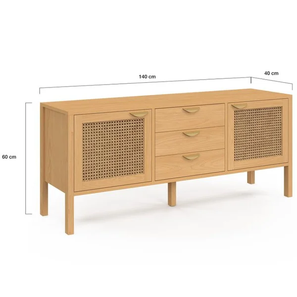 ID MARKET Buffet Bas 140 Cm Edhen 2 Portes Et 3 Tiroirs Bois Et Cannage