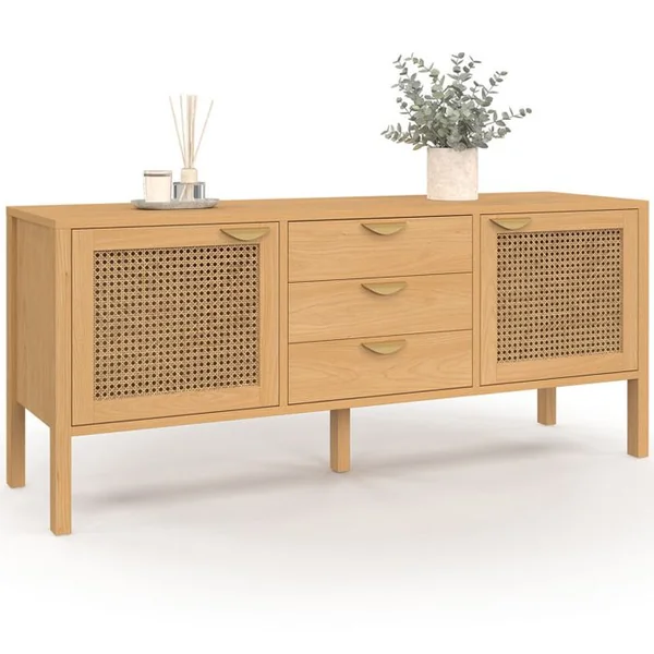 ID MARKET Buffet Bas 140 Cm Edhen 2 Portes Et 3 Tiroirs Bois Et Cannage