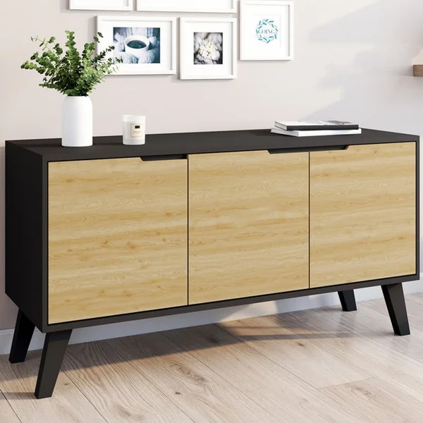 ID MARKET Buffet Bas Scandinave 113 Cm Finn 3 Portes Noir Et Bois Façon Hêtre