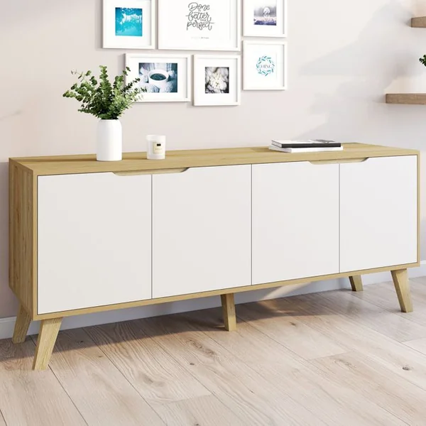 ID MARKET Buffet Bas Scandinave 140 Cm Finn 4 Portes Blanc Et Bois Façon Hêtre
