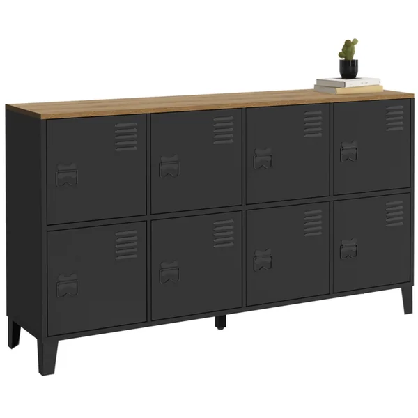 ID MARKET Buffet Casier 139 Cm Ester 8 Portes En Métal Noir Plateau Bois Design Industriel