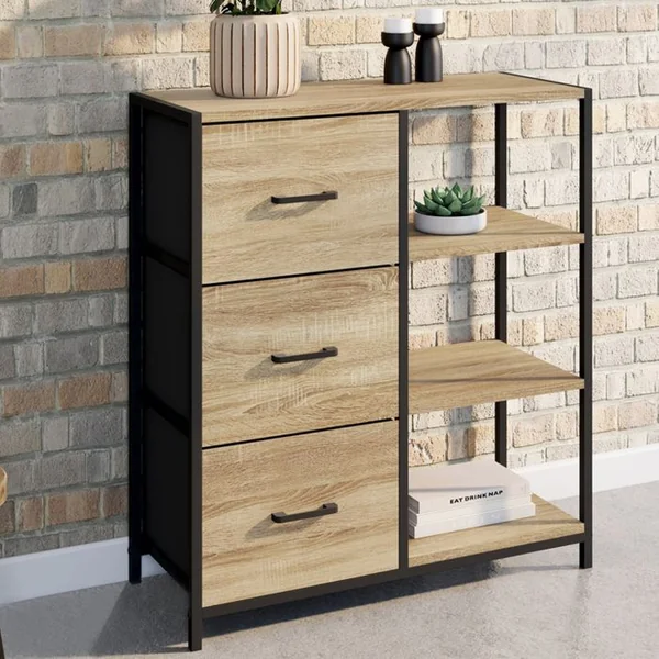 ID MARKET Buffet D'appoint 3 Tiroirs Et étagères 70 Cm Utah Design Industriel