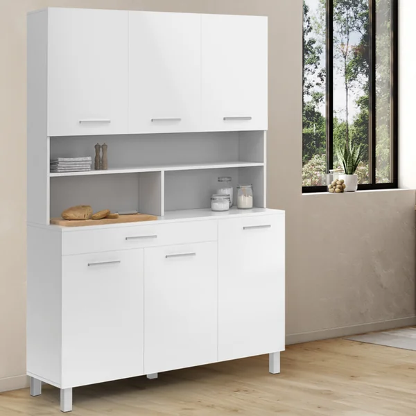 ID MARKET Buffet De Cuisine 120 Cm Cina 6 Portes + Tiroir Blanc Et Blanc Brillant