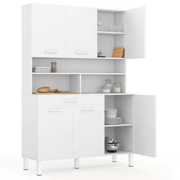 ID MARKET Buffet De Cuisine 120 Cm Cina 6 Portes + Tiroir Blanc Et Blanc Brillant