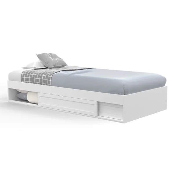 ID MARKET Cadre De Lit Simple Salem Avec Rangement Et Sommier 90 X 190 Cm Blanc