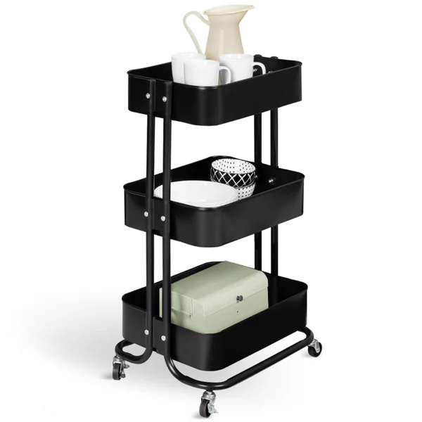 ID MARKET Chariot 3 Niveaux Desserte étagère De Rangement à Roulettes Acier Noir