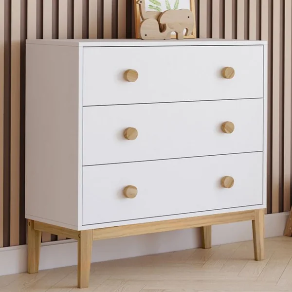 ID MARKET Commode 3 Tiroirs Jacob 80 Cm Enfant Blanc Et Bois