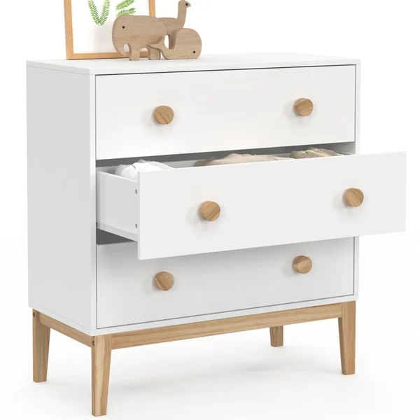 ID MARKET Commode 3 Tiroirs Jacob 80 Cm Enfant Blanc Et Bois