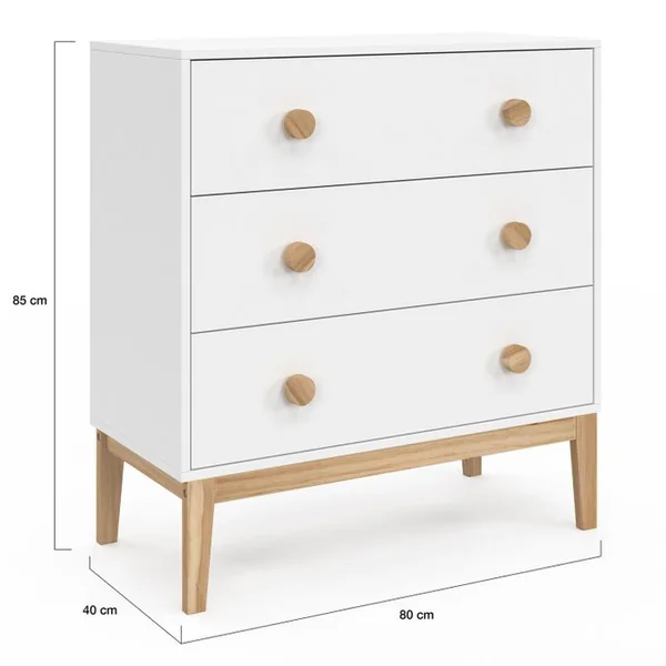 ID MARKET Commode 3 Tiroirs Jacob 80 Cm Enfant Blanc Et Bois