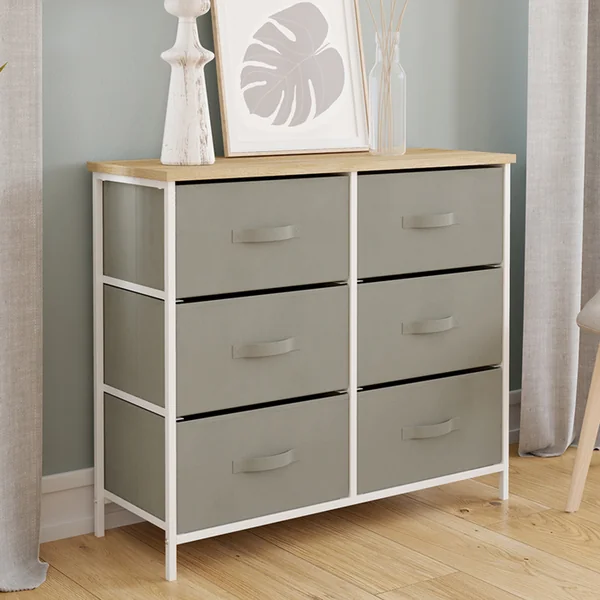 ID MARKET Commode 6 Tiroirs En Tissu Alta 80 Cm Gris Clair Et Plateau Effet Bois Design Industriel