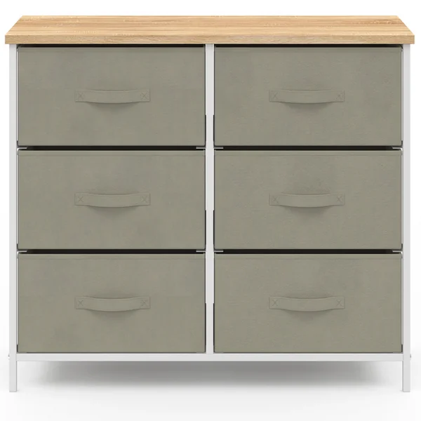 ID MARKET Commode 6 Tiroirs En Tissu Alta 80 Cm Gris Clair Et Plateau Effet Bois Design Industriel