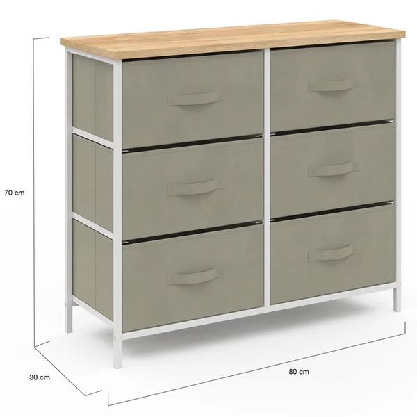 ID MARKET Commode 6 Tiroirs En Tissu Alta 80 Cm Gris Clair Et Plateau Effet Bois Design Industriel