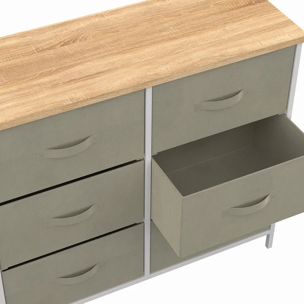 ID MARKET Commode 6 Tiroirs En Tissu Alta 80 Cm Gris Clair Et Plateau Effet Bois Design Industriel