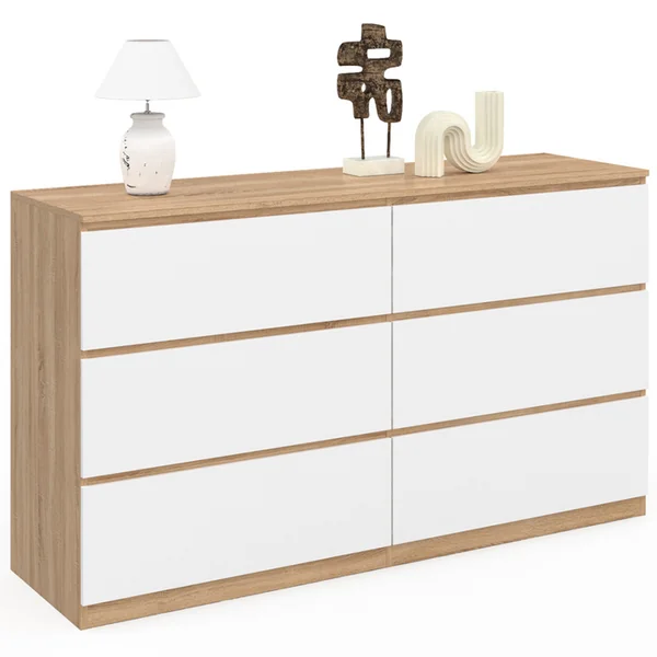 ID MARKET Commode 6 Tiroirs Tomi XXL 140 Cm Bois Façon Hêtre Et Blanc