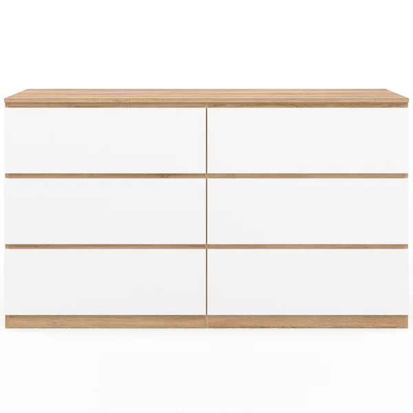 ID MARKET Commode 6 Tiroirs Tomi XXL 140 Cm Bois Façon Hêtre Et Blanc