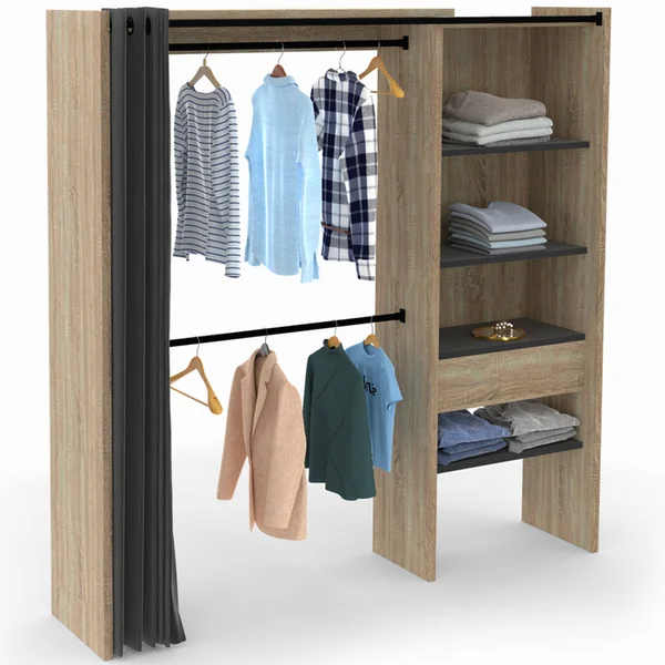 ID MARKET Dressing Extensible Bois Noir Marty 120/170x50x180cm Avec Rideau + Double Penderie + Étagères