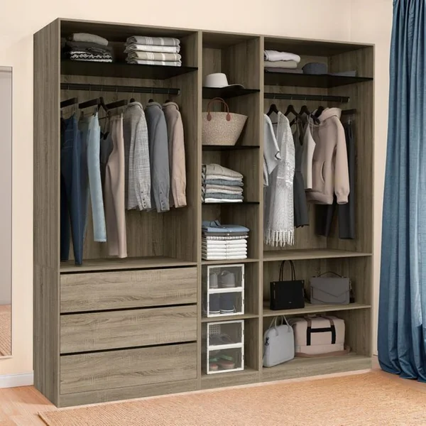ID MARKET Dressing Modulable Taylor 200 X 55 X 200 Cm 3 Modules Avec Penderies + Étagères + Tiroirs Hêtre