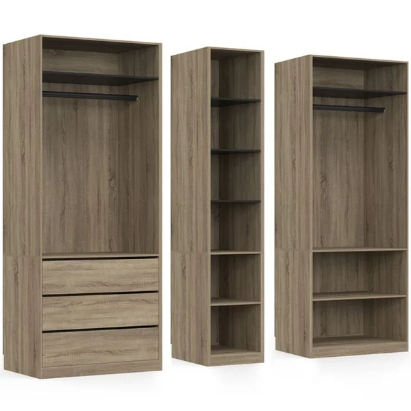 ID MARKET Dressing Modulable Taylor 200 X 55 X 200 Cm 3 Modules Avec Penderies + Étagères + Tiroirs Hêtre