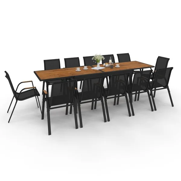 ID MARKET Ensemble Assises Et Table Noumea Extensible 135/270 Cm Effet Bois Et 12 Chaises Empilables Noir