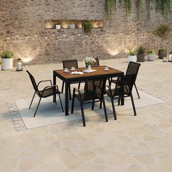 ID MARKET Ensemble Assises Et Table Noumea Extensible 135/270 Cm Effet Bois Et 12 Chaises Empilables Noir