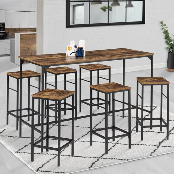 ID MARKET Ensemble Table Haute De Bar Dayton 150 Cm Et 6 Tabourets Effet Vieilli Design Industriel