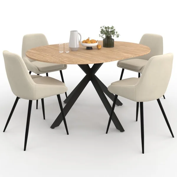 ID MARKET Ensemble Table à Manger Extensible Ronde Alix Bois Et Noir 110-150 Cm Et 4 Chaises Thalya Velours Be