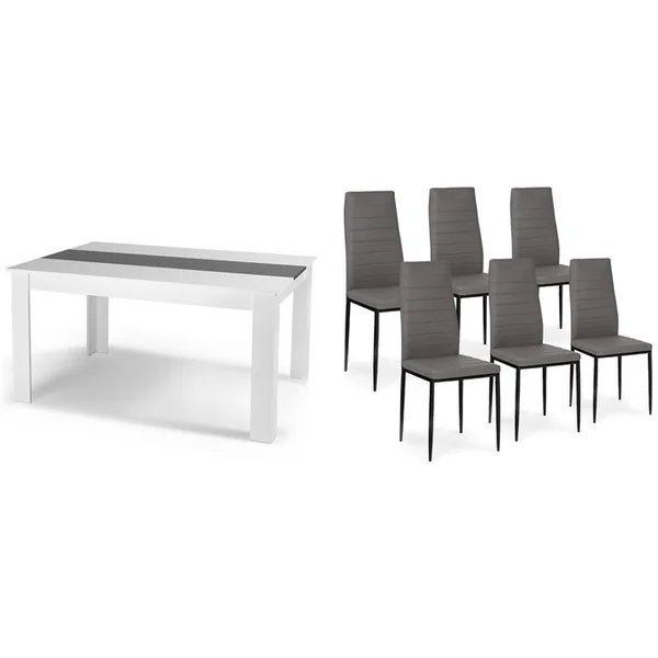 ID MARKET Ensemble Table à Manger Georgia 140 Cm Blanche Et Grise Et 6 Chaises Romane Grises