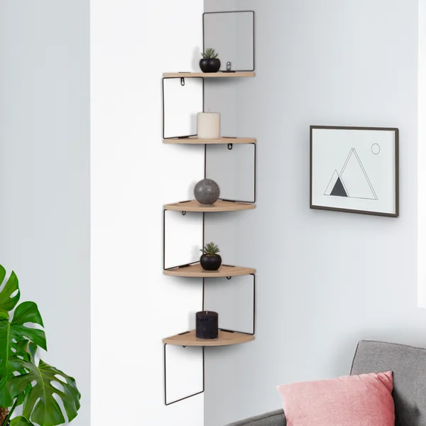 ID MARKET Etagère Murale D'angle Isa 5 Niveaux Bois Et Métal Design Industriel