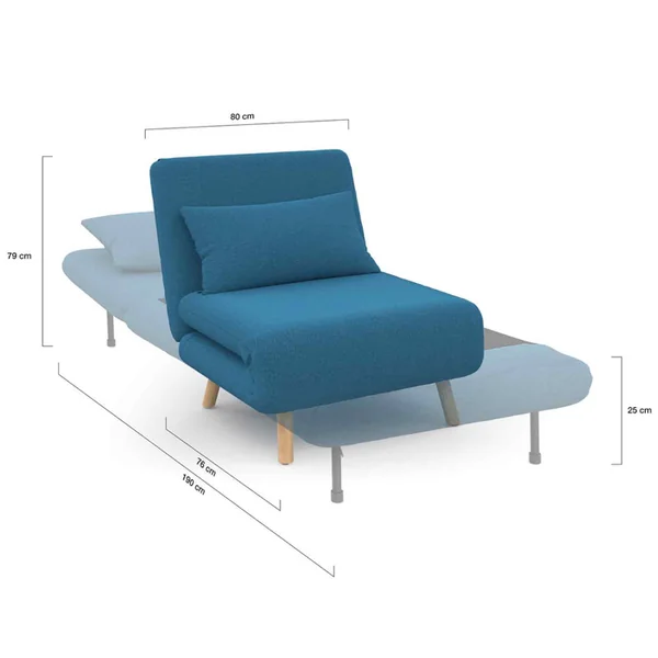ID MARKET Fauteuil Convertible Romeo Lit D'appoint 1 Place 80x190 Cm Tissu Bleu Canard