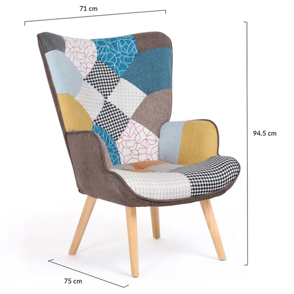 ID MARKET Fauteuil Scandinave Ivar En Tissu Patchwork Multicouleurs