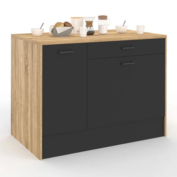 ID MARKET Ilot Central Lio 120 Cm Maxi Capacité De Rangement Bois Et Noir