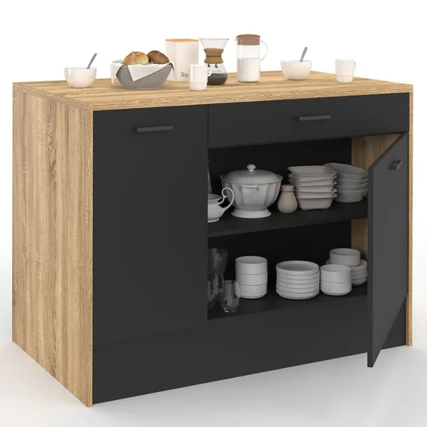 ID MARKET Ilot Central Lio 120 Cm Maxi Capacité De Rangement Bois Et Noir