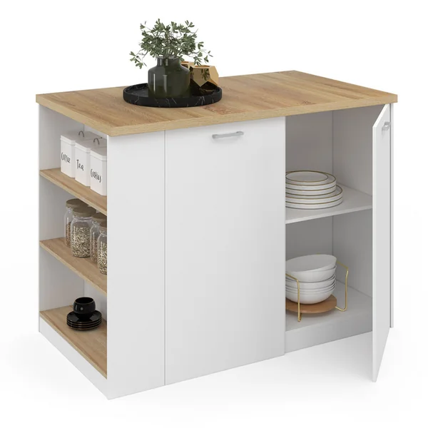ID MARKET Ilot Central Tibo 120 Cm Bois Blanc Avec Plan De Travail Façon Hêtre