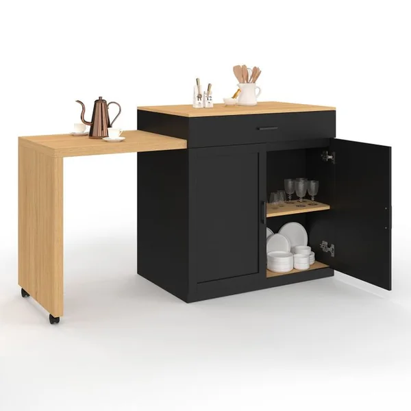 ID MARKET Ilot Central Vito 94-155 Cm Bois Noir Avec Table à Manger Extensible Intégrée Façon Hêtre