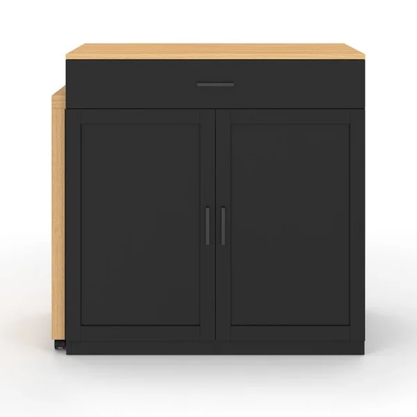 ID MARKET Ilot Central Vito 94-155 Cm Bois Noir Avec Table à Manger Extensible Intégrée Façon Hêtre