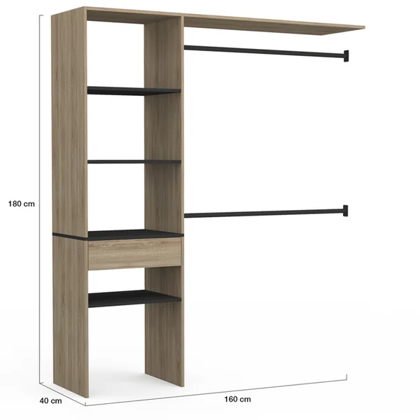 ID MARKET Kit Dressing Meline 160 X 40 X 180 Cm Hêtre Avec étagères Noires + Tiroir + Double Penderie