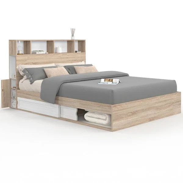 ID MARKET Lit Double Clem Avec Rangements + Tête De Lit Et Sommier 140 X 190 Cm Hêtre Et Blanc